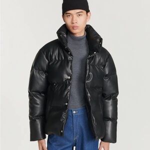 Sandro Paris leather oversized puffer down thick padded jacket coat small